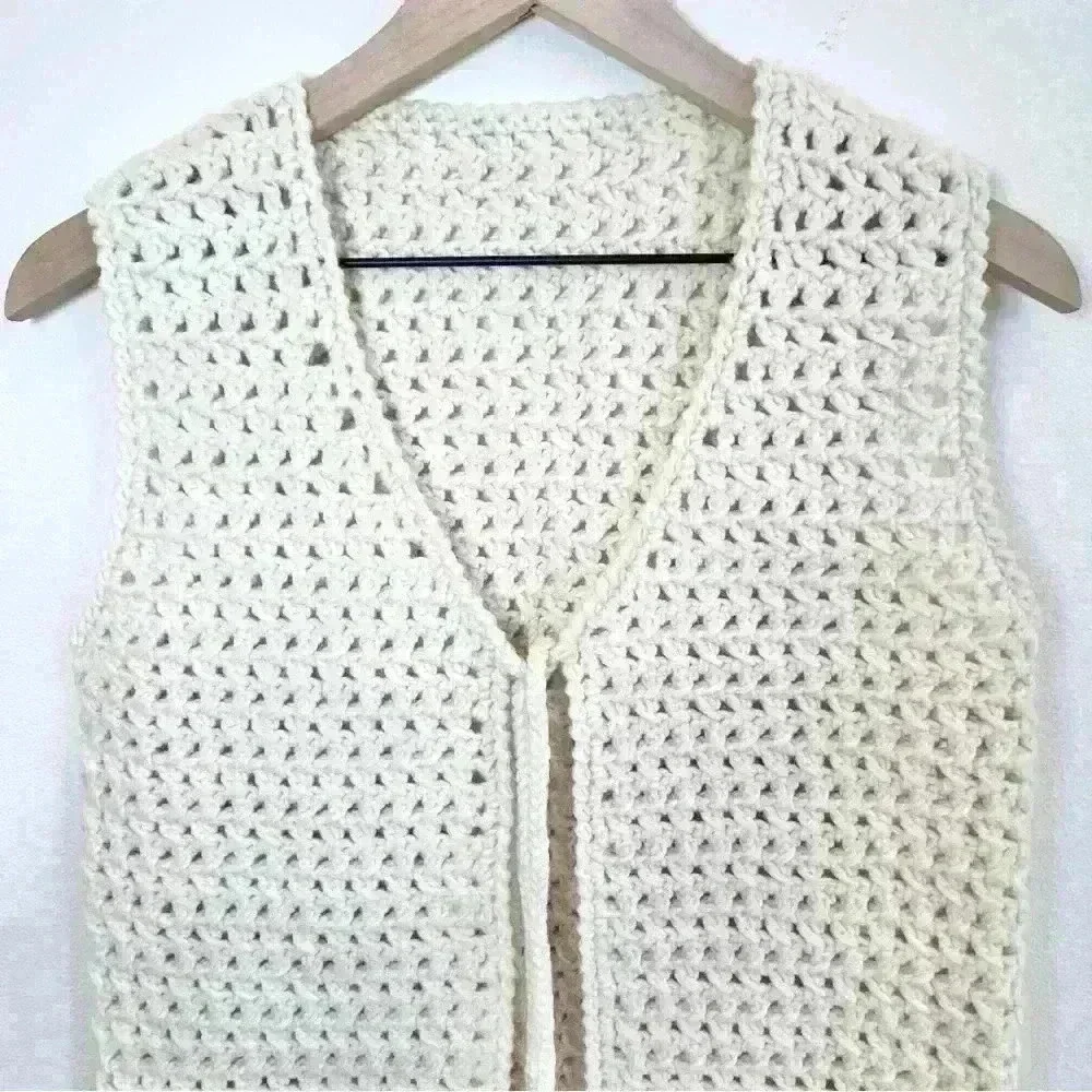 Crochet Cream and Multicolor Granny Square Tie Front with Tassle Wool Boho Vest - Picture 2 of 15